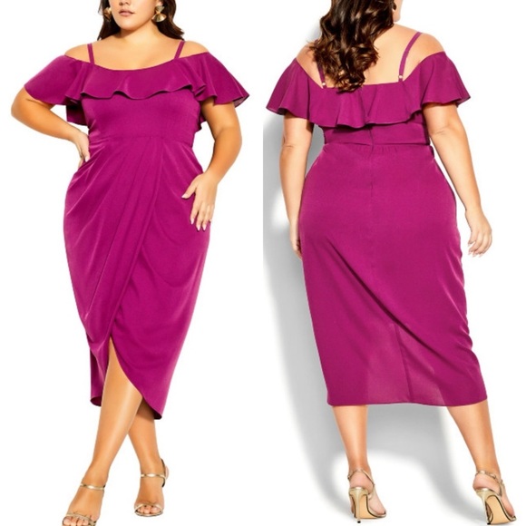 Citychic Flirtation Dress Faux Wrap Midi Dress Off Shoulder Cerise Sz 24 NWT - Picture 1 of 6